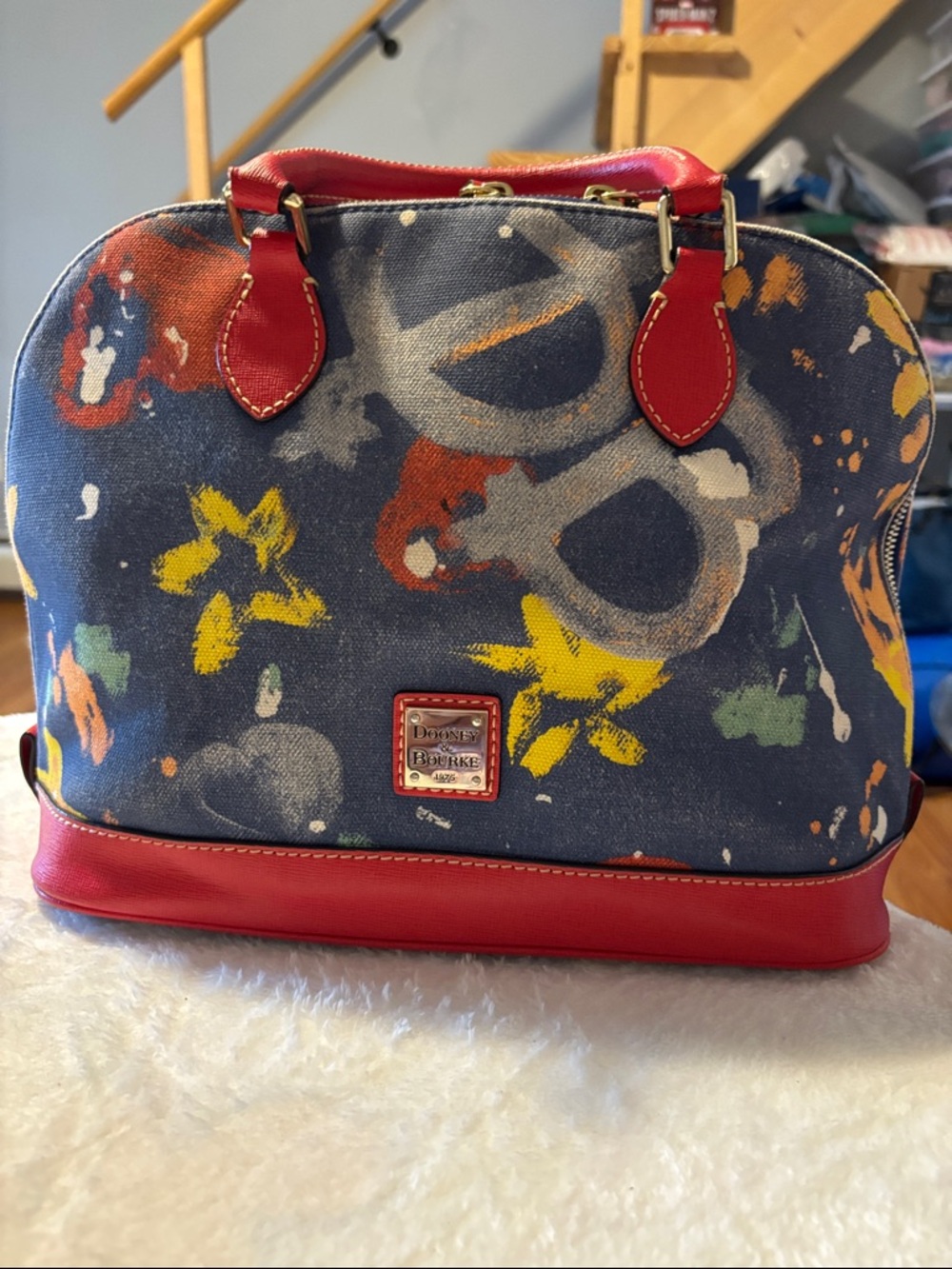 Dooney & Bourke Blue Canvas Satchel with Red Trim and Yellow Accents